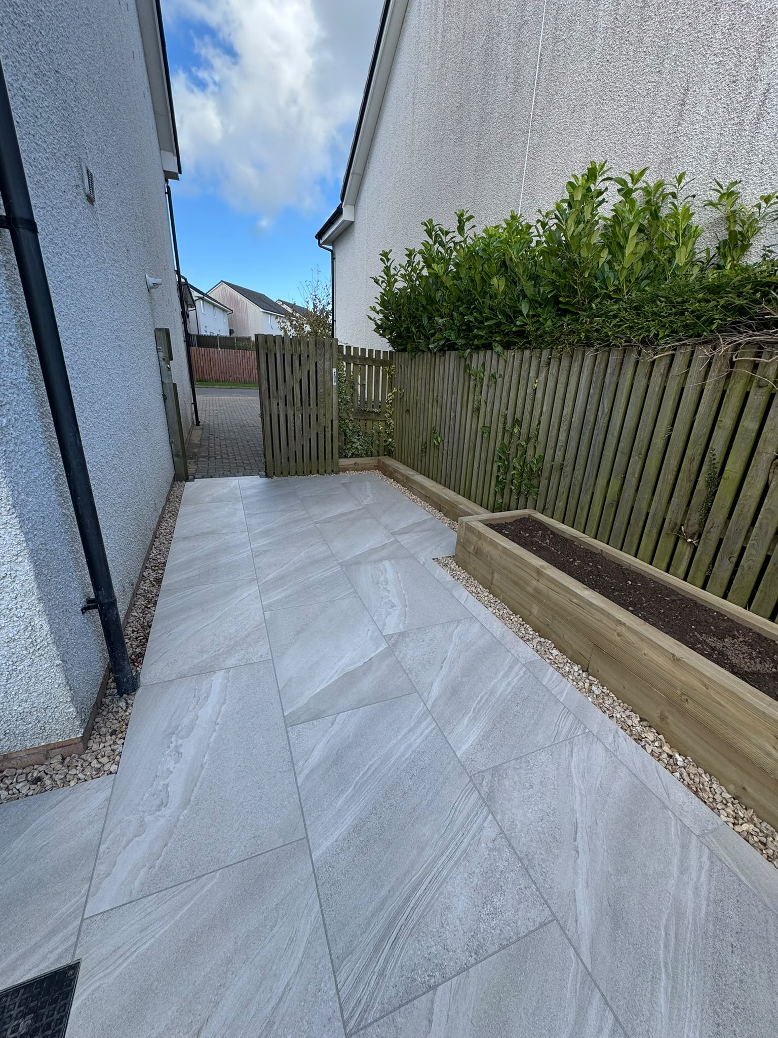 Completed patio landscaping project in Strathaven